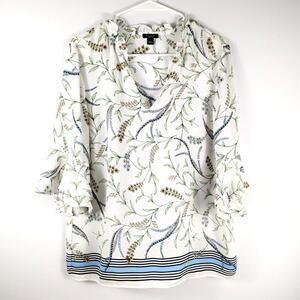 Ann Taylor Factory Blouse Medium Floral Ruffle Sleeve White Blue Top Pullover